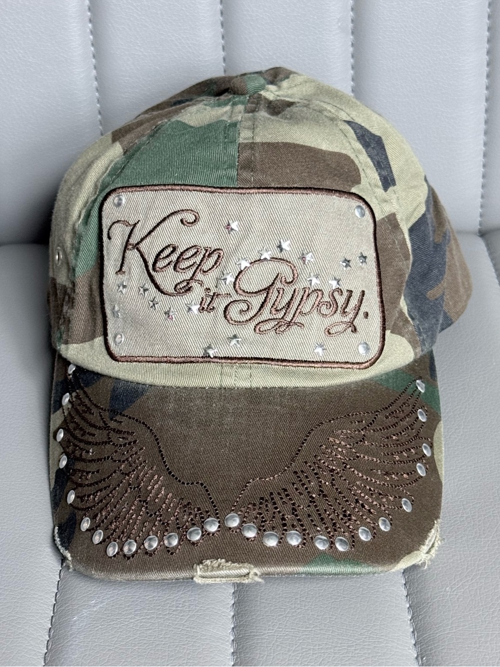 Camo Keep it Gypsy Justin Boots Trucker Hat Baseball Cap Western Upcycled